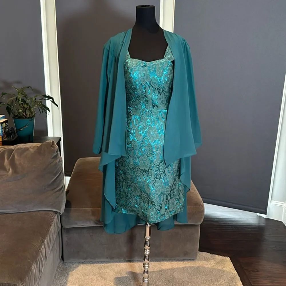Women’s Tea Length Green Dress Corset Back Matching Chiffon Jacket Size 8 NWOT